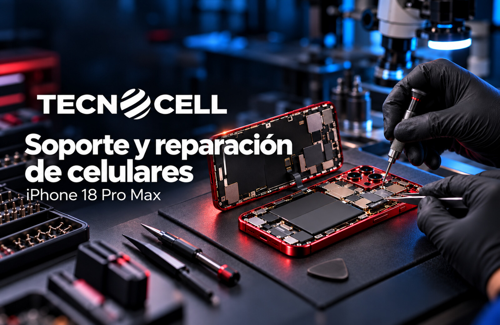 TECNOCELL: soporte y reparación de celulares. Técnico trabajando en un iPhone 18 Pro Max.